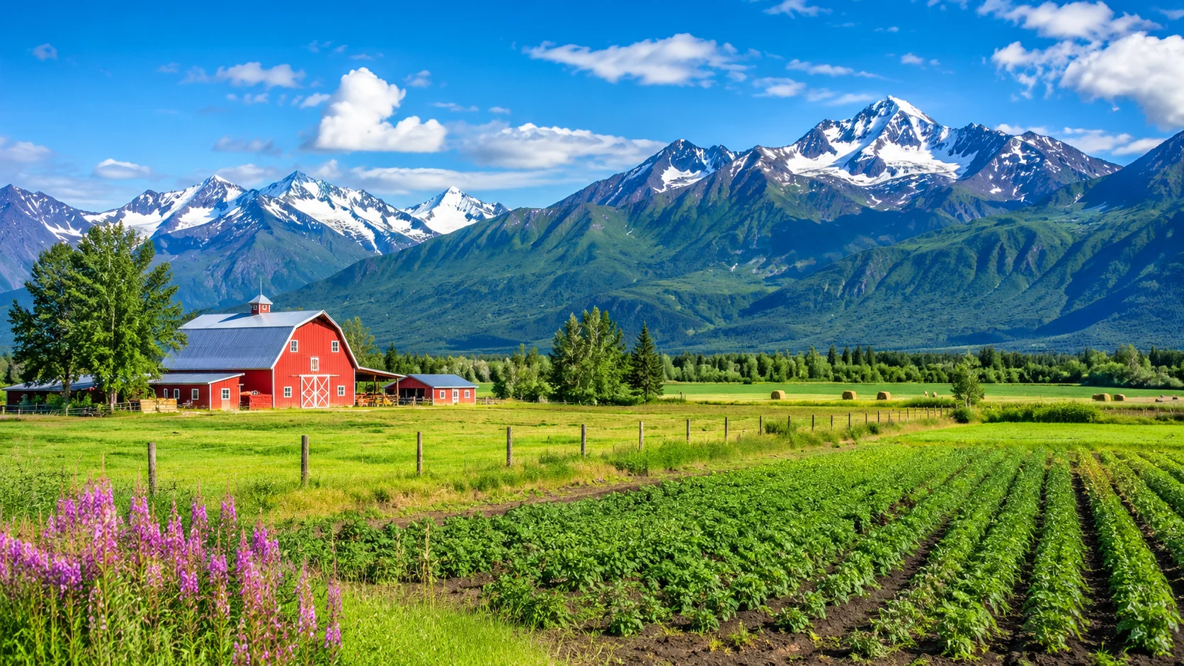 Red barn and farm fields below the Chugach Mountains in Palmer, Alaska