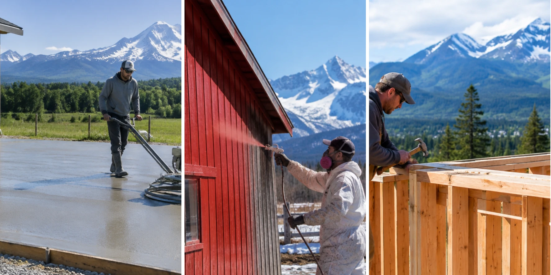 Palmer, AK contractors at work: a concrete crew finishing a garage slab, a painter on a red barn, and a carpenter framing a home addition