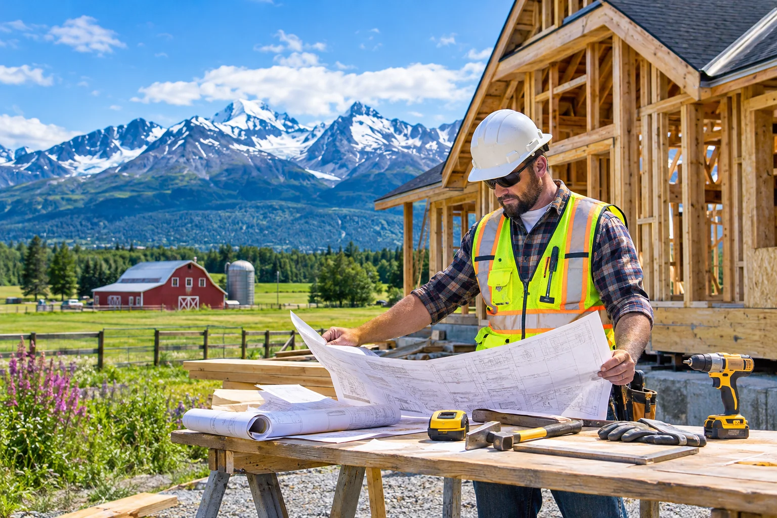 General contractor reviewing blueprints at a new home build in Palmer, AK