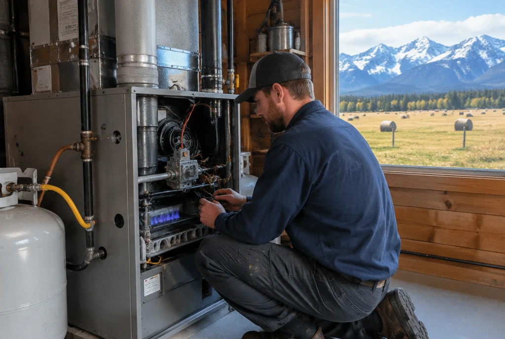 HVAC technician servicing a furnace in a Matanuska Valley farmhouse near Palmer, AK