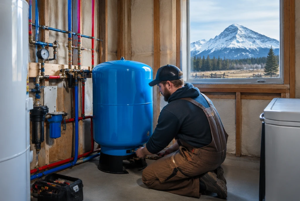 Plumber installing a well pressure tank in a Palmer, AK farmhouse