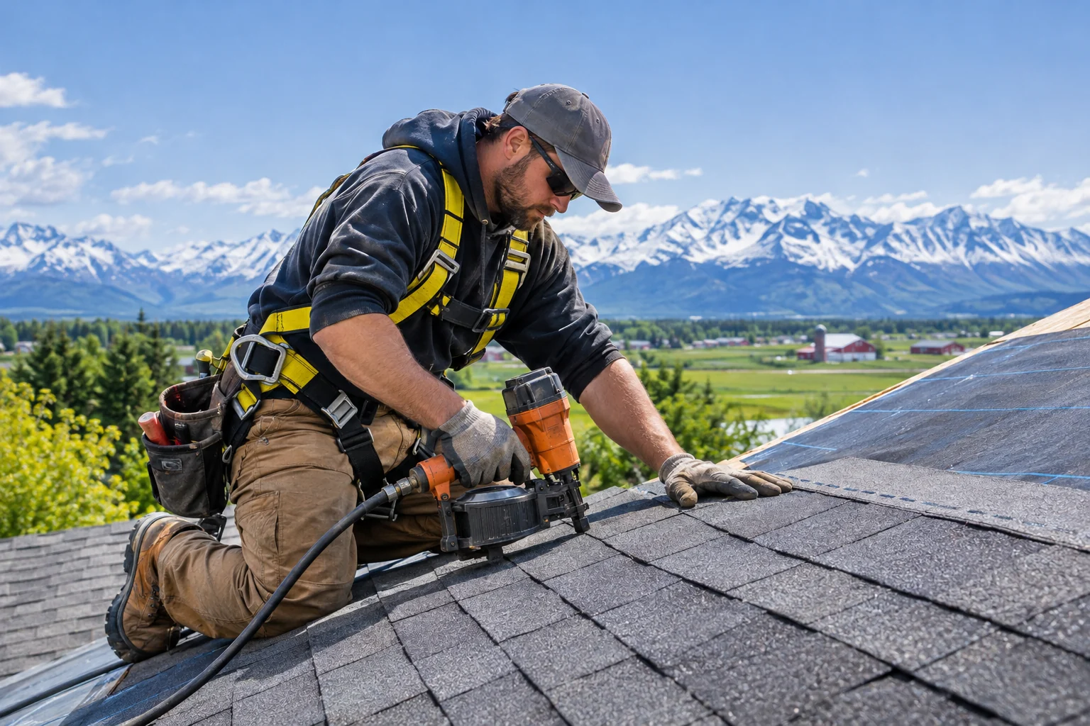 Roofer in a safety harness installing shingles in the Mat-Su Valley near Palmer, AK