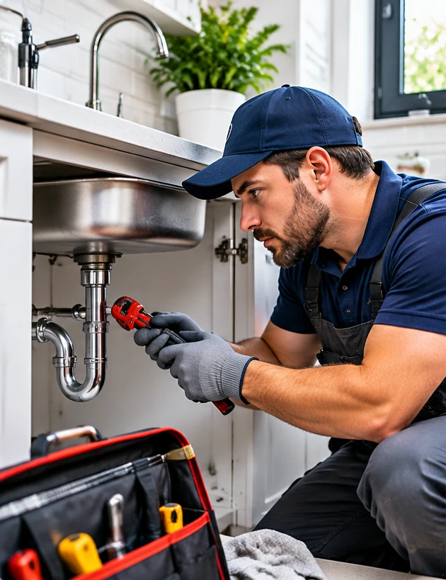 Plumber repairing pipes under a kitchen sink in Auburn, AL