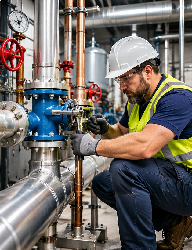 Plumbing contractor working on commercial piping and valves in Auburn, AL