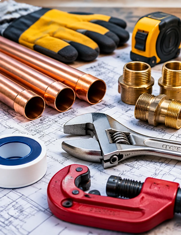 Copper pipes, fittings, and plumbing tools on blueprints
