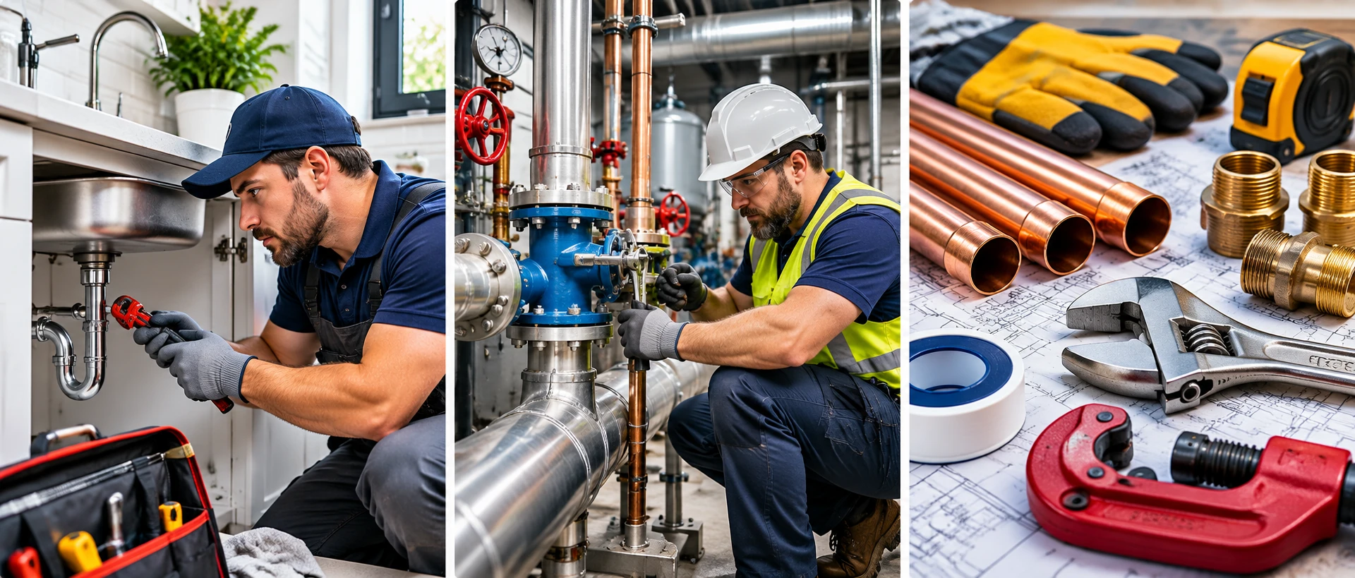 Plumbing contractor insurance collage showing residential repair, commercial piping, and plumbing tools for Birmingham, AL contractors