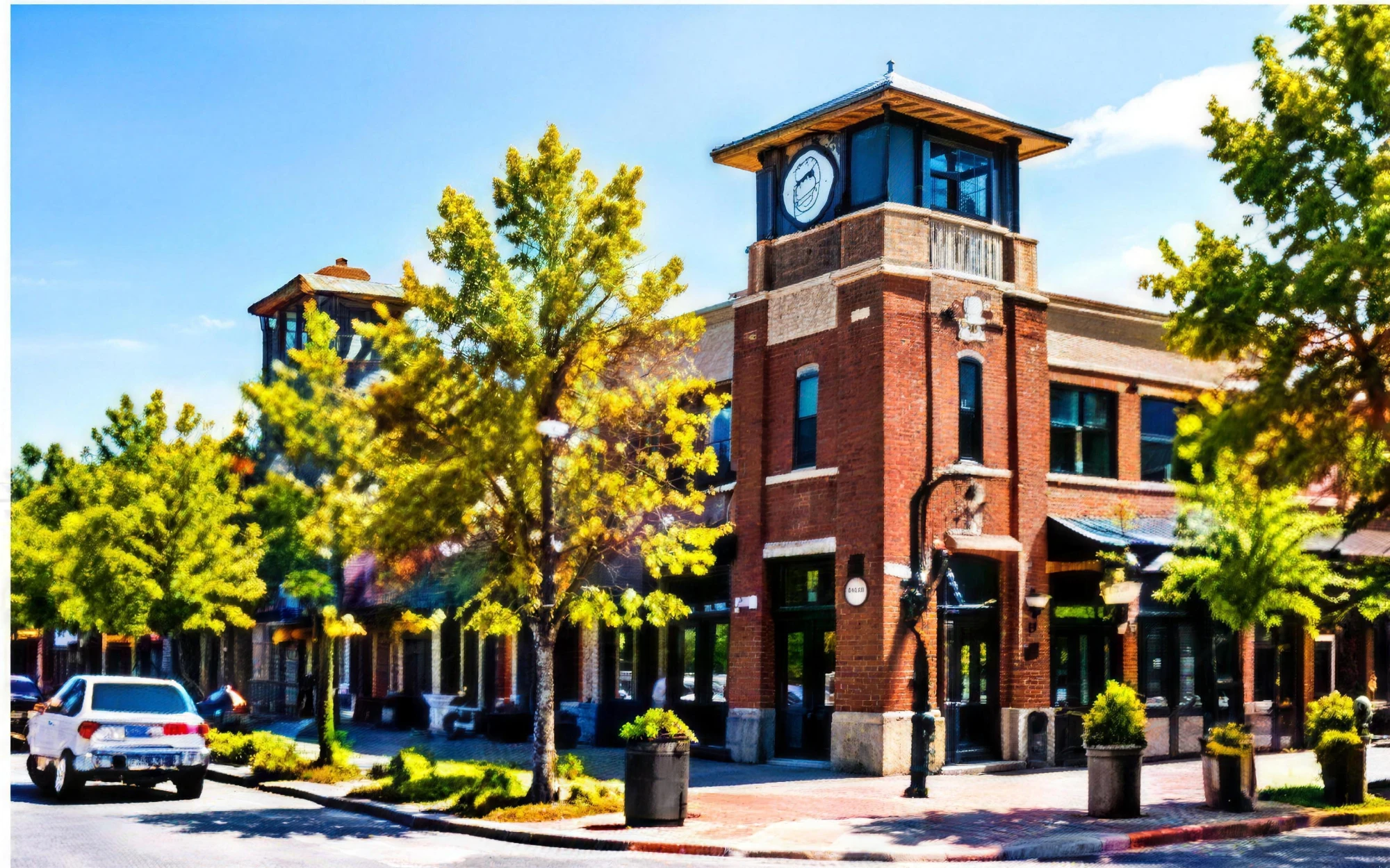 Brick clock tower building in downtown Rogers, Arkansas