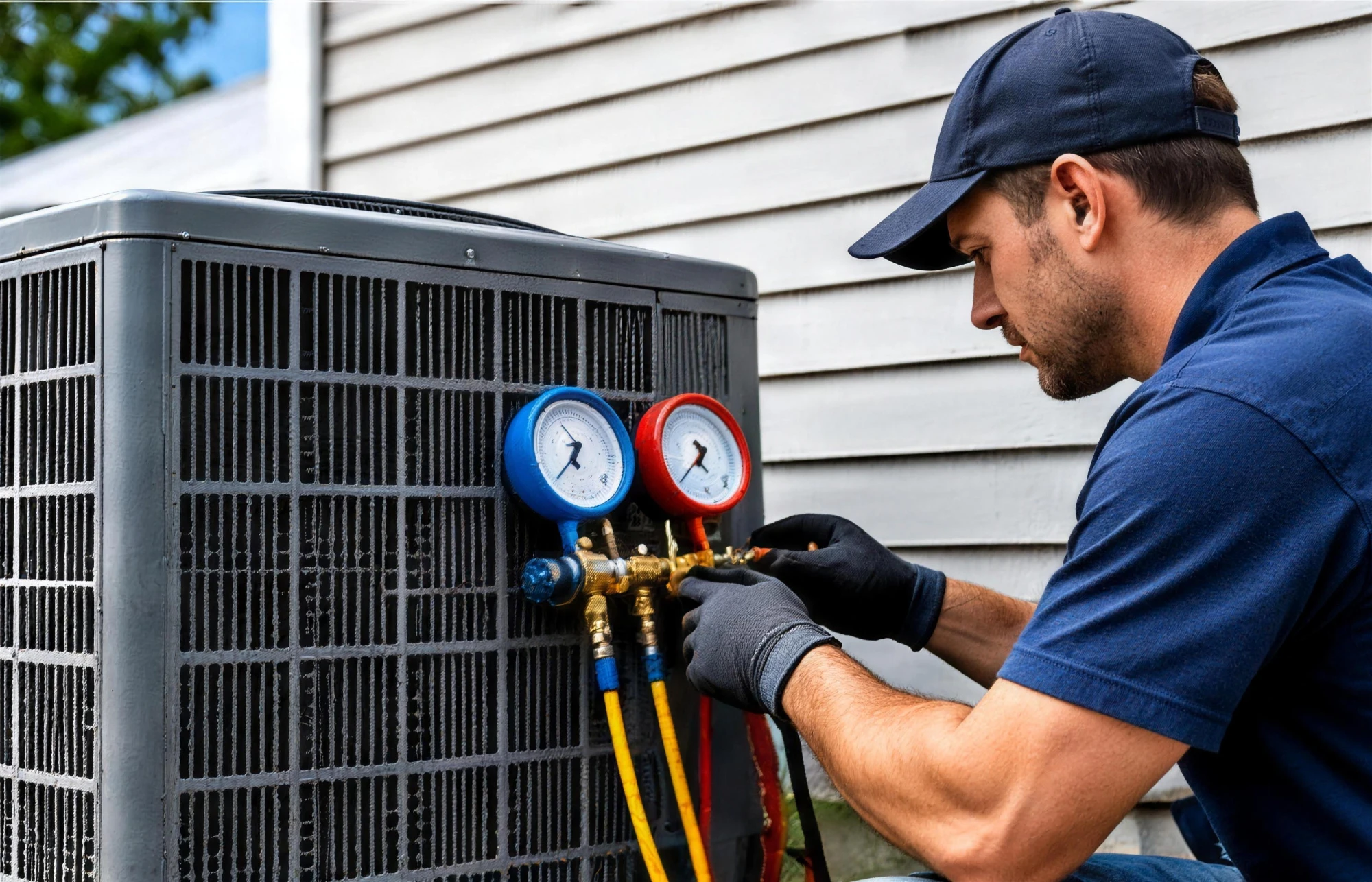 HVAC technician checking refrigerant gauges on an outdoor AC unit in Rogers, AR