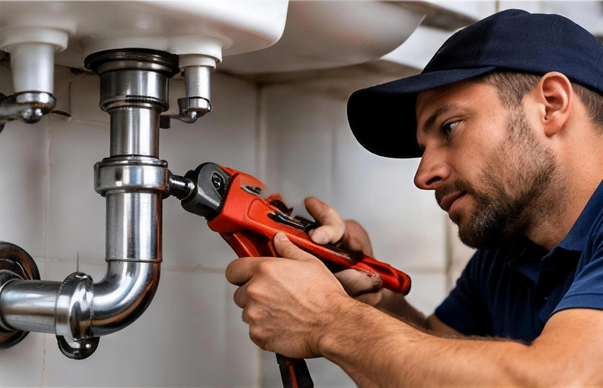 Plumber tightening a sink drain pipe with a pipe wrench in Rogers, AR