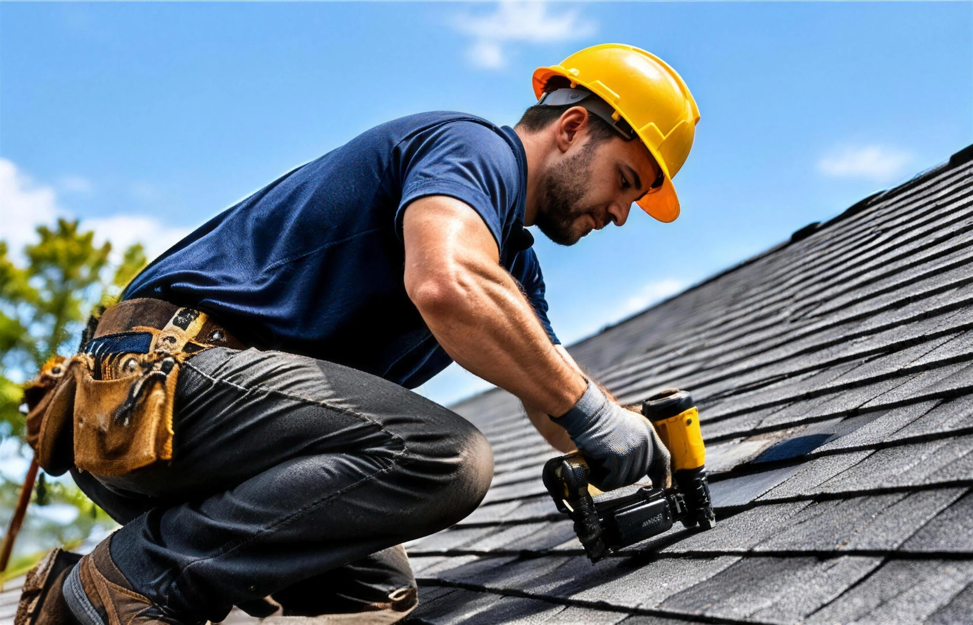 Roofer in a safety harness nailing asphalt shingles in Rogers, AR