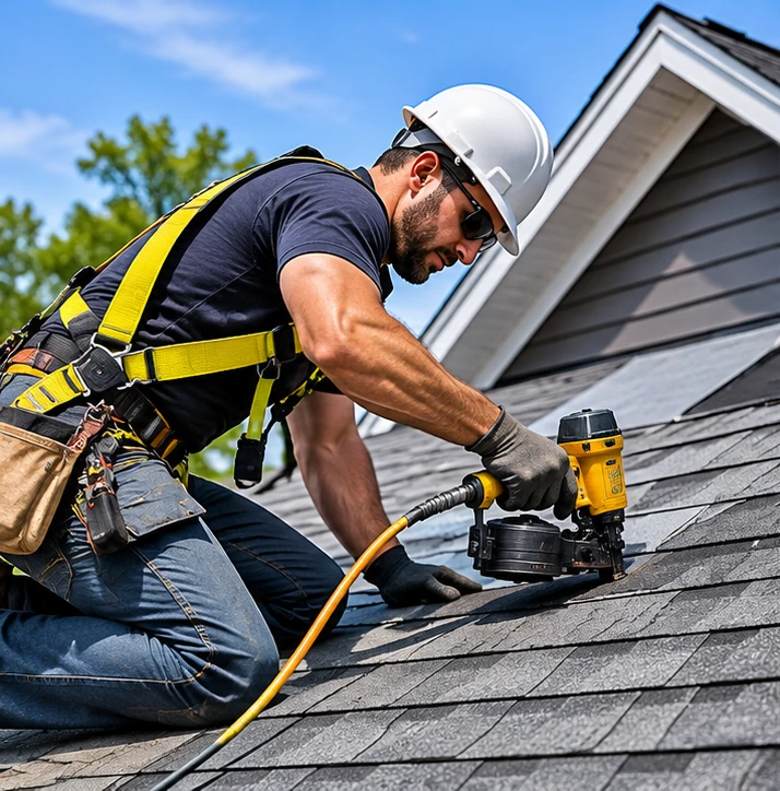 Roofer in a safety harness nailing asphalt shingles in Auburn, AL