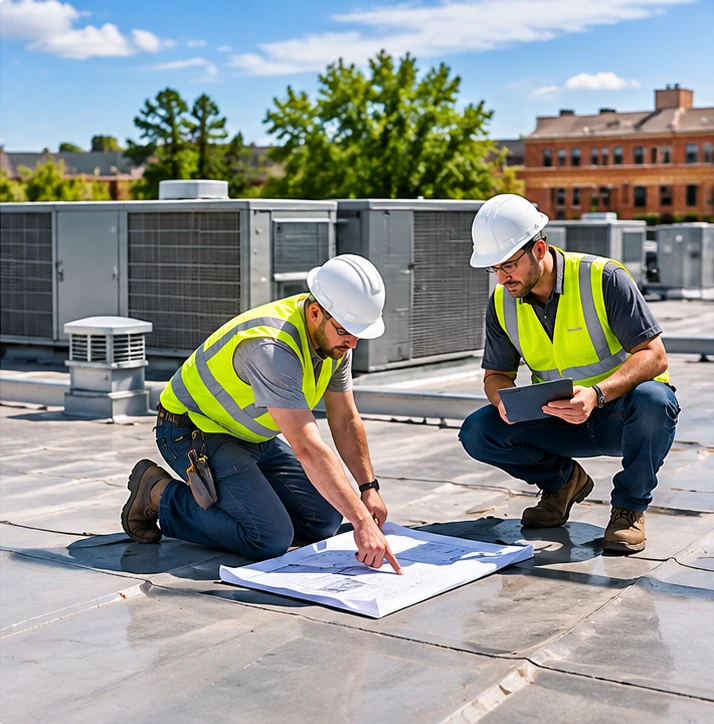 Contractors reviewing plans on a commercial flat roof in Birmingham, AL