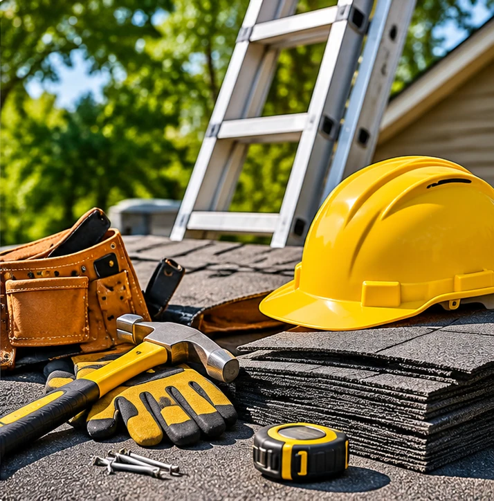 Roofing tools, shingles, ladder, and hard hat