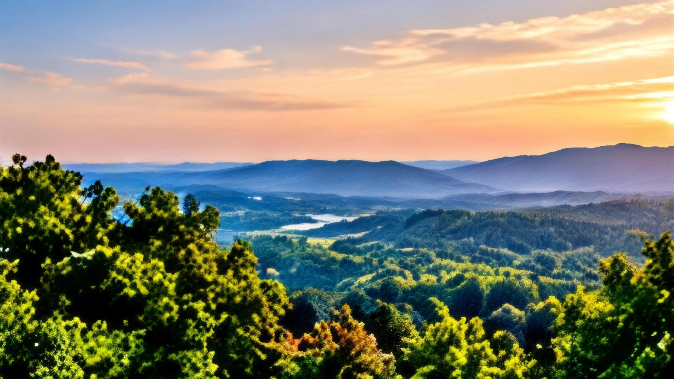 Ozark hills and valley at sunset near Springdale, Arkansas