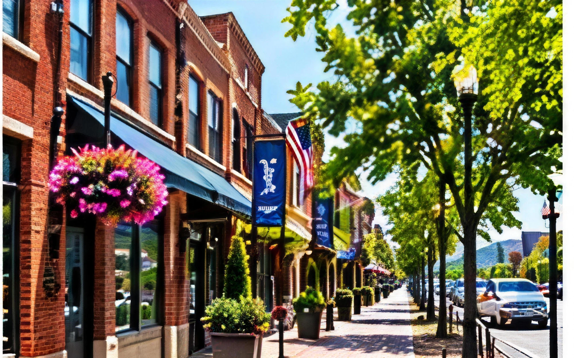 Brick storefronts and hanging flower baskets in downtown Springdale, Arkansas
