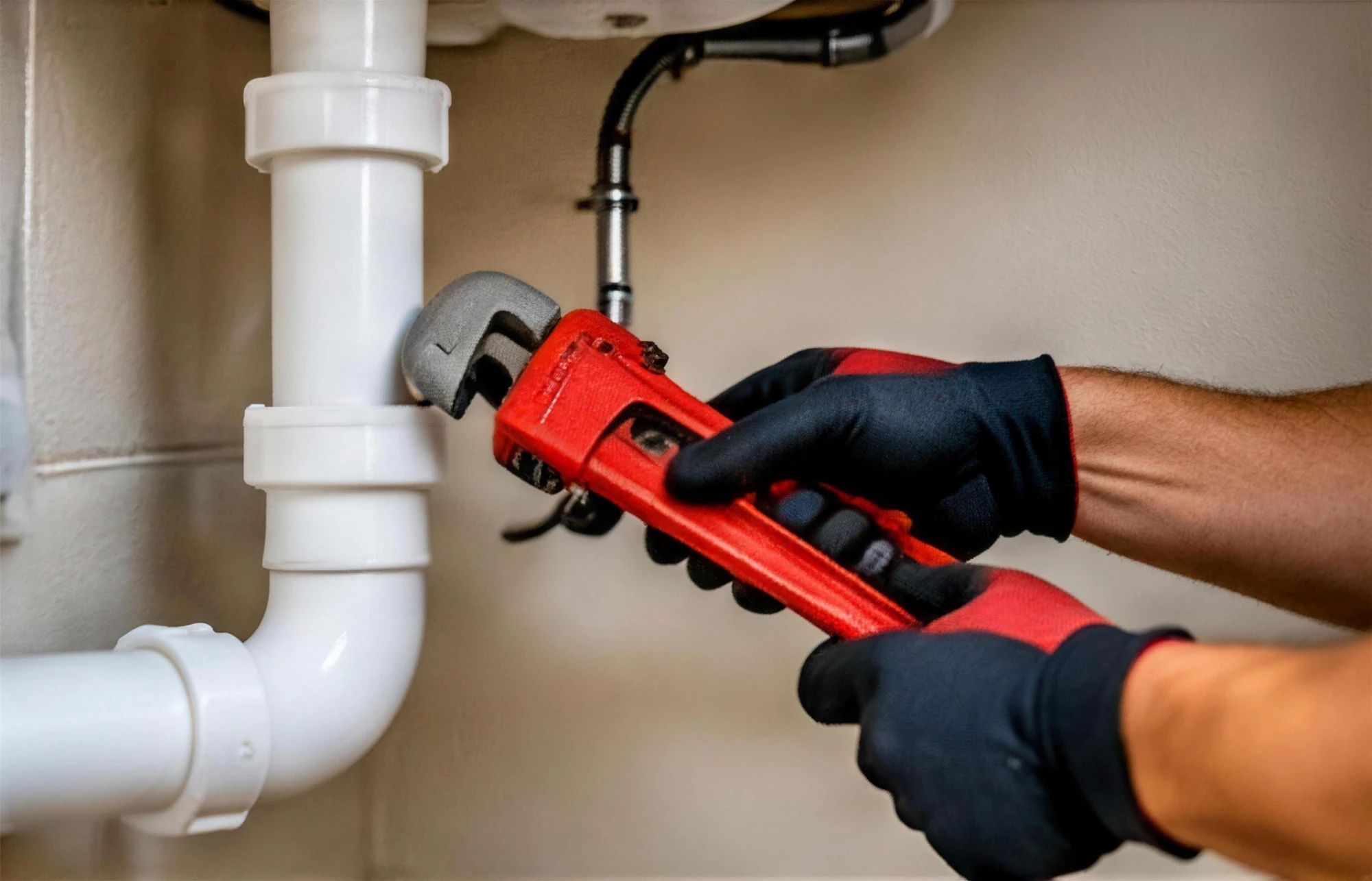 Plumber tightening a sink drain pipe with a pipe wrench in Springdale, AR