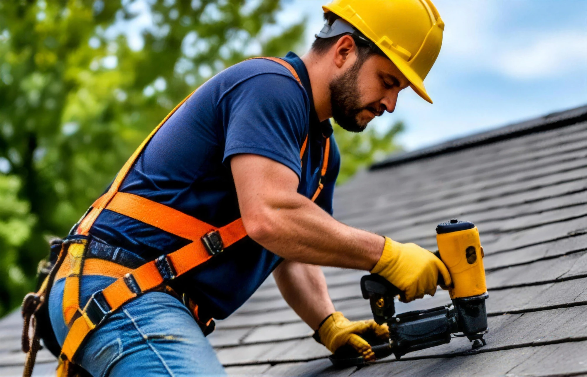 Roofer in a safety harness nailing asphalt shingles in Springdale, AR