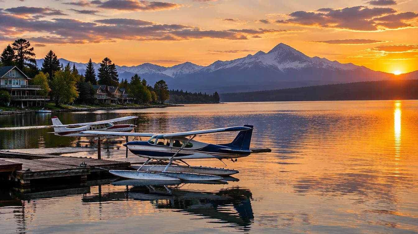 Floatplanes on Lake Lucille at sunset in Wasilla, Alaska
