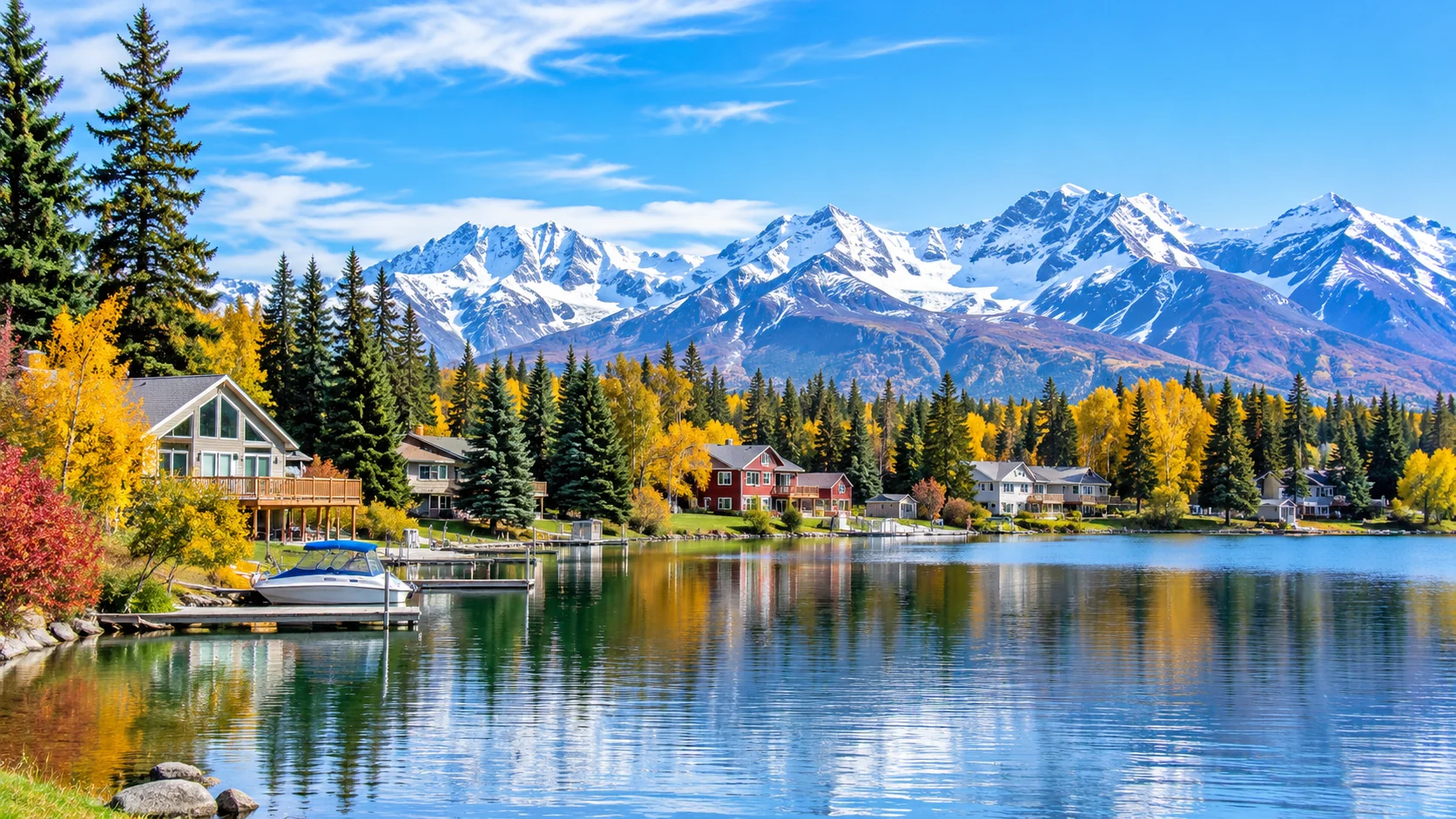 Lakeside homes and fall color below snow-capped mountains in Wasilla, Alaska