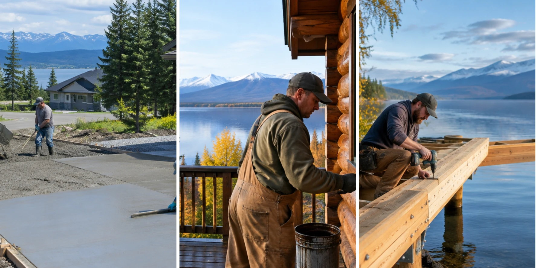 Wasilla, AK contractors at work: a concrete crew pouring a driveway, a painter staining a log cabin, and a carpenter building a lake dock