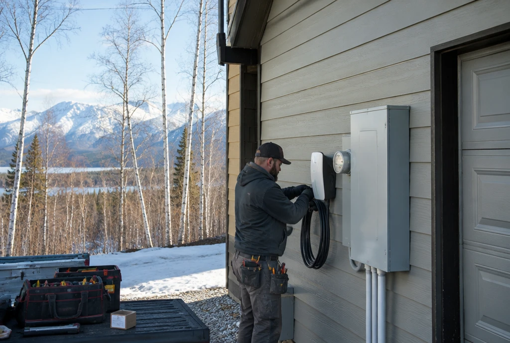 Electrician installing an EV charger on a Wasilla, AK garage