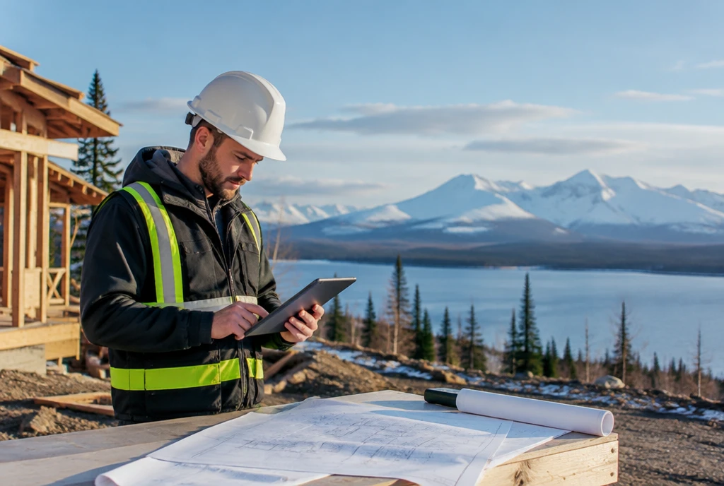 General contractor reviewing plans at a lakeside home build in Wasilla, AK