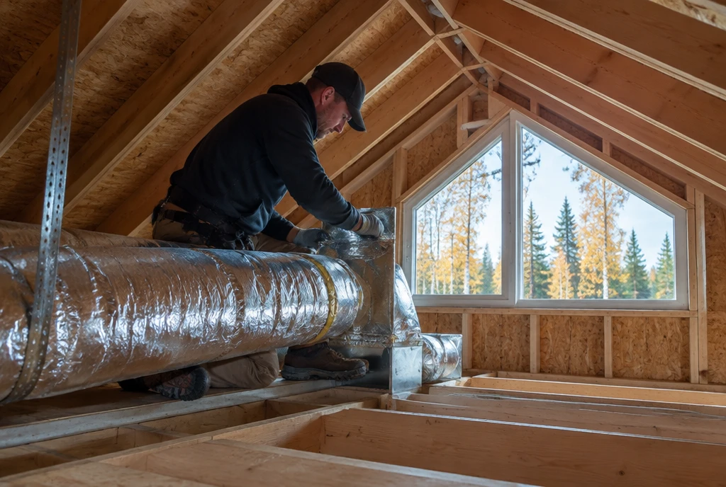 HVAC technician installing attic ductwork in a new Wasilla, AK home