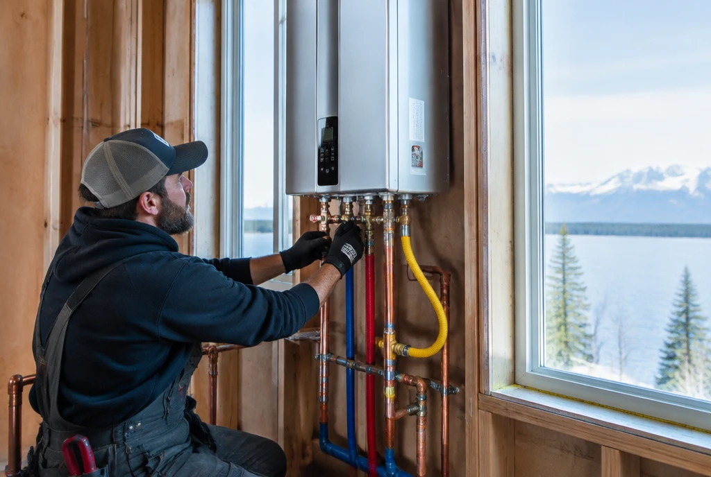 Plumber installing a tankless water heater in a Wasilla, AK home