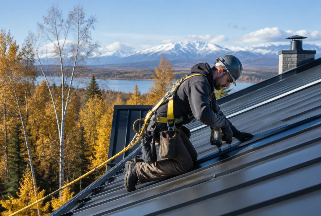 Roofer installing standing-seam metal roofing in Wasilla, AK
